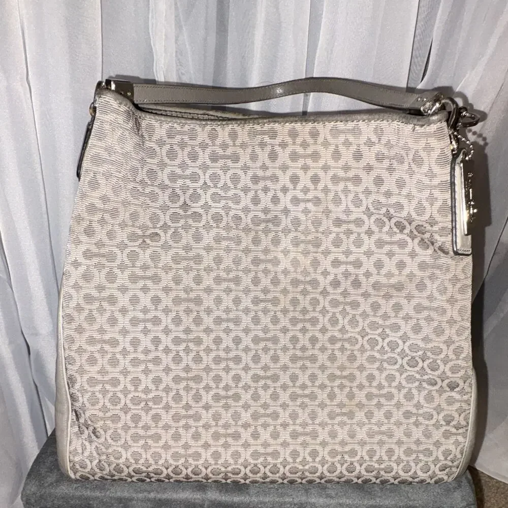 Coach Madison Signature Logo gray Shoulder Bag Leather Trim Pink Lining